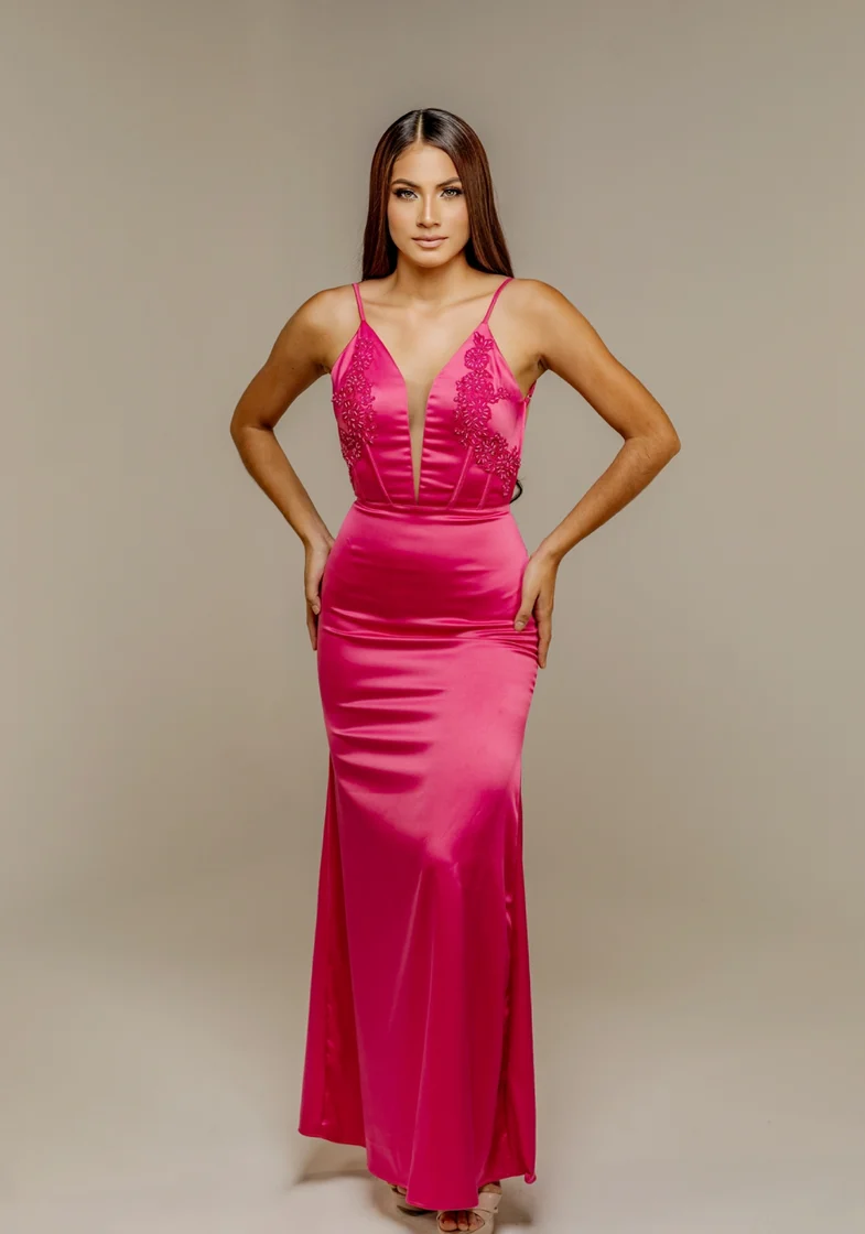 Vestido Sirena Fucsia en raso bordado