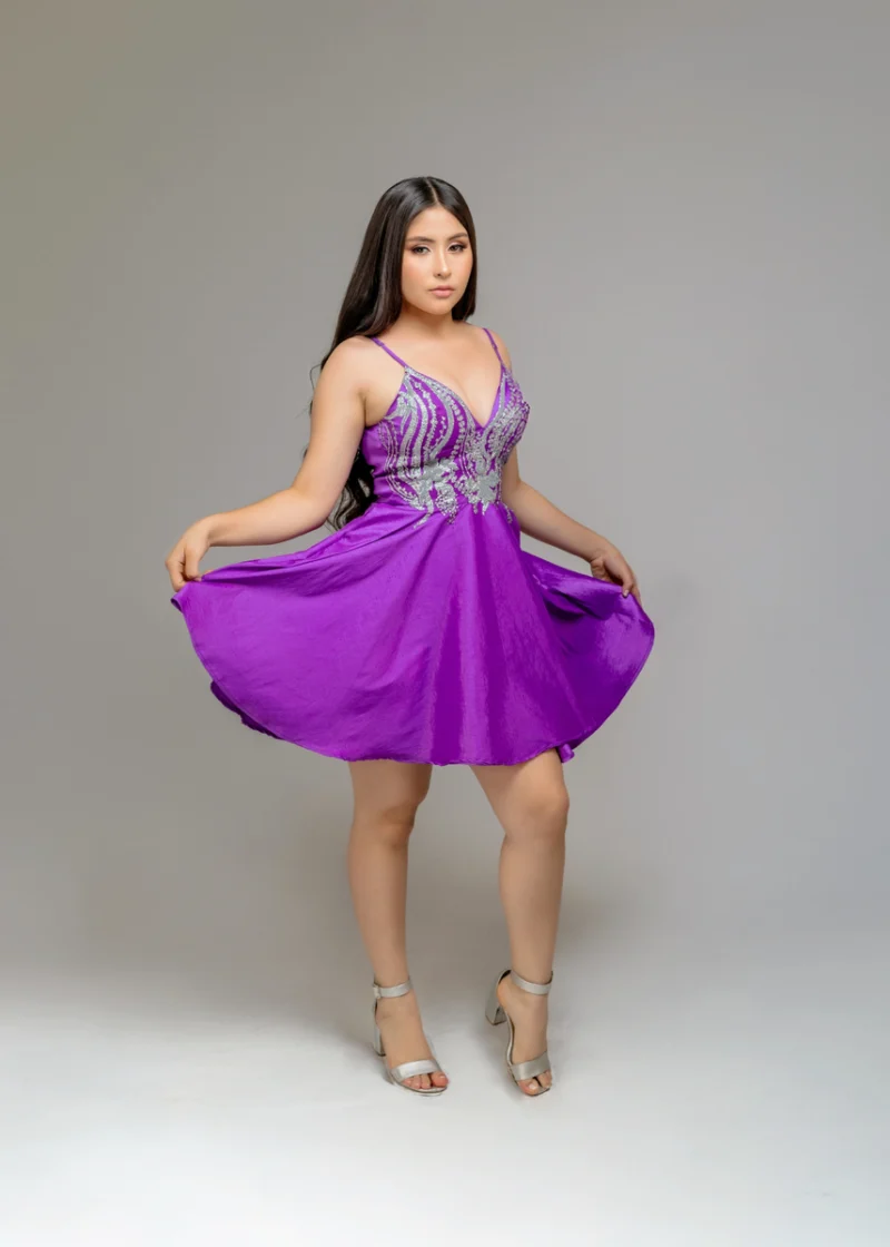 Vestido morado corto triangulo en tafeta bordado
