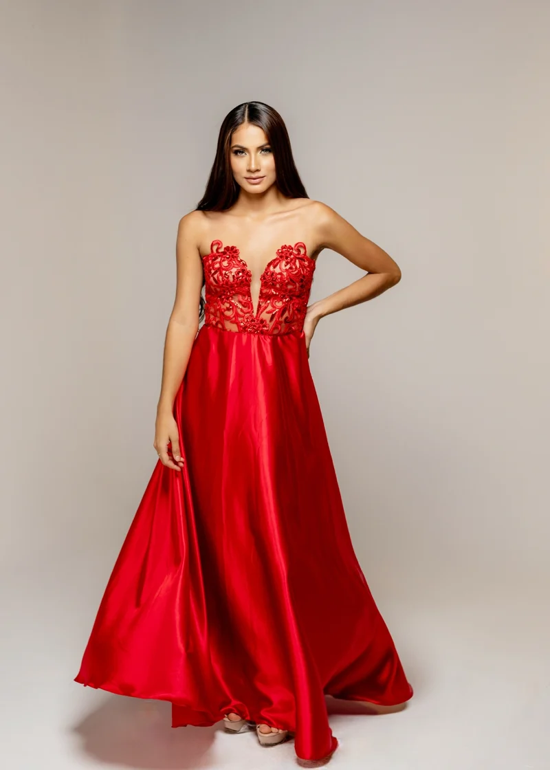 Vestido Rotondo rojo en seda y chantilly