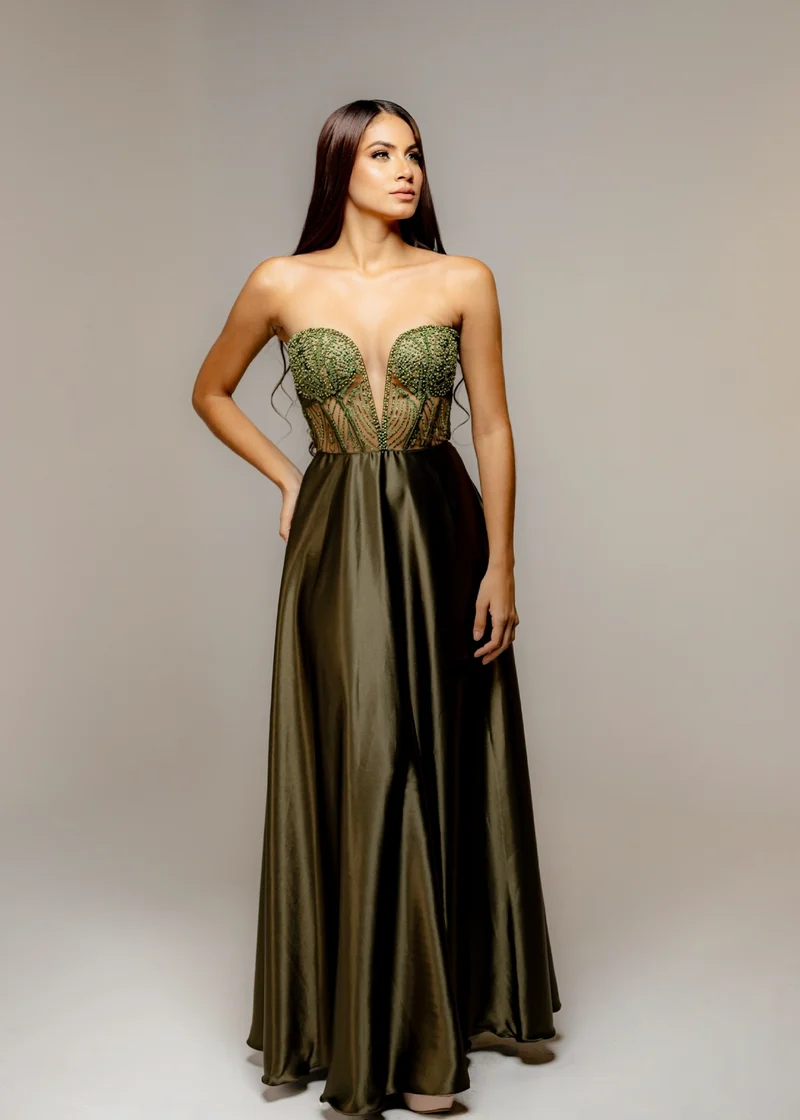 Vestido Rotondo Verde aceituna en seda y chantilly