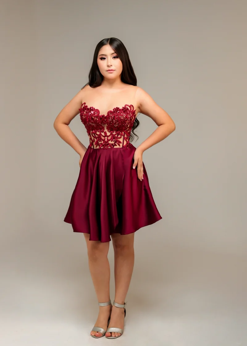 Vestido vinotinto en seda bordado